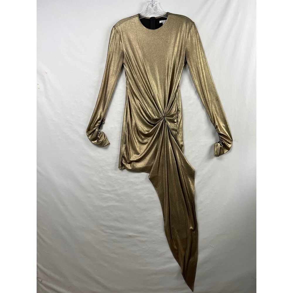 Ronny Kobo Hadassah Mini Dress Womens XS Gold Metallic Long Sleeve Drape